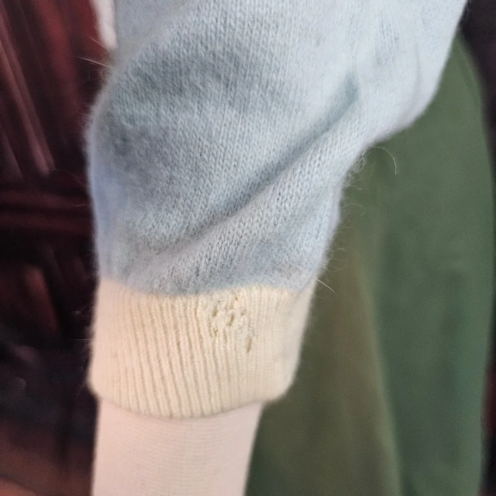 Vintage 1950s Elliot Import Angora Lambswool Cardigan Blue Cream Buttons Pinup